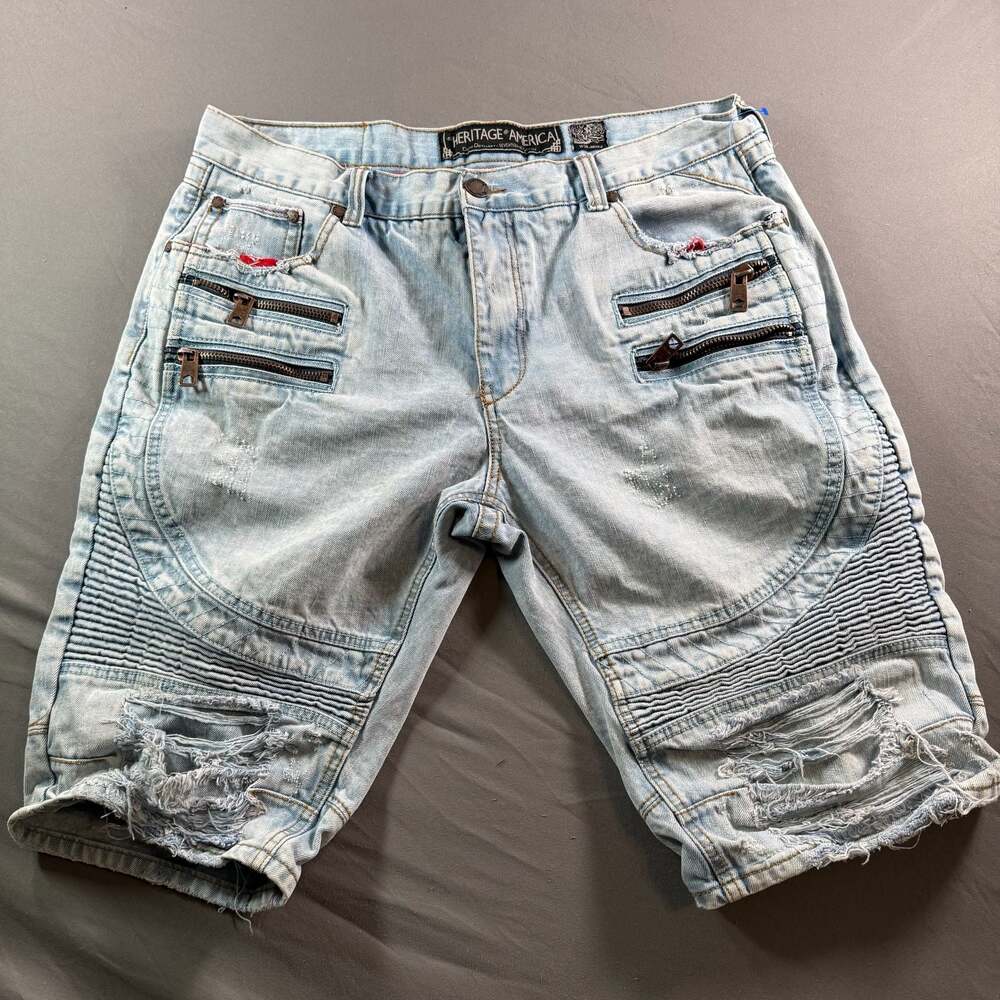 Heritage America Denim Distillery 1776 Distressed Biker Denim Shorts